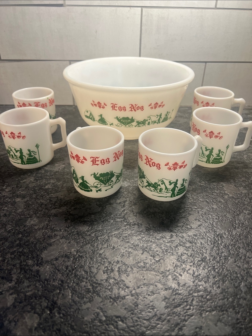 HAZEL ATLAS  MILK GLASS Punch Bowl Set with Mugs - EGG NOG White, Red & Green